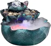 Lotus Tiering Fountain, Ceramic Tabletop Fountain with Spinning Orb Rock and LED Light, Atomization Humidifier Water Fountains