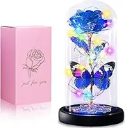 OBLEGY Glass Preserved Eternal Rose for Women’s Birthday Christmas, Rose Flower in Glass Dome with LED Lights Romantic Night Light for Anniversary Wedding, Valentine's Day, Mother's Day