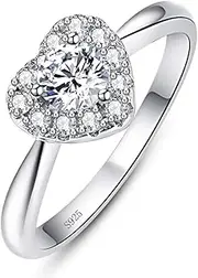 [AVECON] 925 Sterling Silver Engagement Promise Ring Heart Cut Cubic Zirconia Solitaire Ring for Women