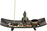 Glass Tealight Holder, Incense Stick & Holder, Decoration Stones, Buddha Candlestick Set with Resin Buddha for Home Decor & Meditation