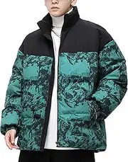 [Qolkmuiy-GJ] Men's Stand Collar Padded Down Jacket Color Block Print Casual Thick Coat Short Plush
