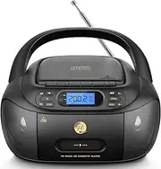 Rechargeable Boombox CD and Cassette Player Combo with FM Radio, Portable CD Tape Player for Home, Built-in Stereo Speakers, Super Bass, Audio Supported AUX Input, USB Playback, Headphone Jack Output