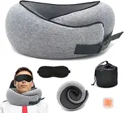 [HQ HQ-GAMING] Travel Neck Pillow, 100% Memory Foam Pillow for Airplane, 360° Head Support Relieve Fatigue, Comfortable U Shaped Pillow Set with Storage Bag, Eye Mask & Earplugs for Sleeping (Grey)