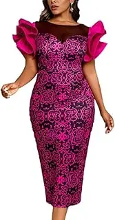 [GHAKKE] Women Elegant Petal Sleeve Floral Printed Dress Fashion Round Neck Mesh Patchwork High Waist Bodycon Midi Pencil Dress