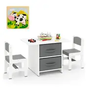 Costway 3PCS Table Chair Set Activity Desk & 2 Chairs w/2 Fabric Storage Bins for Dining Drawing Reading Play