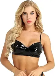 [RUNQHUI] Women's Patent Leather Unlined Bra Top Wire Free No Pad Wetlook Bustier Cami Bralette