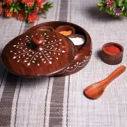 Classic Anjarai Petti Design: Round Sheesham Wooden Masala Box, (19 x 19 x 5Cm)