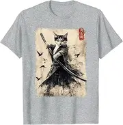 [JIAGANYI] Samurai Cat Graphic Tee Warrior Vintage Japanese Art Anime T-Shirt
