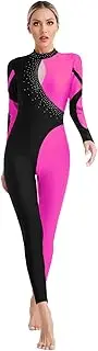 [Linjinx] Womens Gymnastics Leotard Long Sleeve Unitard Ballet Dance Costume Shiny Rhinestone Jumpsuit