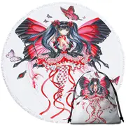 Fantasy Art Drawing Red Butterfly Girl Round Beach Towel