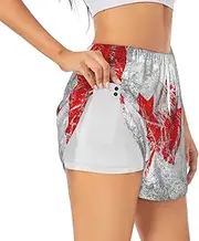 [VPPUR] Retro Canada Flag Print Women's Athletic Shorts Pockets Stylish Comfortable Workout 2 in 1 Running Shorts