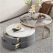 Coffee Table 27''Round Nesting Coffee Table，Set of 2 Modern End table with Faux Marble Desktop & Sturdy Metal Frame，with Storage Drawers, Nesting Side Tea Table for Living Room, Apartment, Office Side