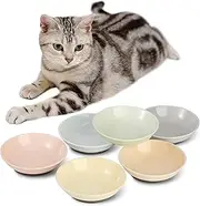 Ceramic Cat Food Bowl Set - Colorful Feeding Bowls With Non-Slip Mat - Wide Shallow Whisker Friendly Plates - Cute Dish - Microwave Dishwasher Safe - 6 Pack - 8.5 oz - 5.75 Inch