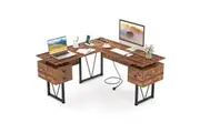 Costway 150cm L-shaped Corner Computer Desk w/Power Outlets File Cabinets & 3 Storage Drawers Office Table