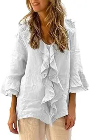 [Generic] Half Shirts Solid Color V Neck Flying Sleeve Ruffled Single Multi Button Cardigan Shirts for Women Tunic Tops