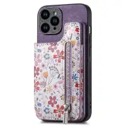 For iPhone 14 Plus Retro Painted Zipper Wallet Back Phone Case - Purple
