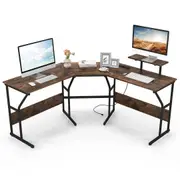 Costway Corner Computer Desk Table L-Shape Study Table w/Power Outlet Home Office Rustic Brown