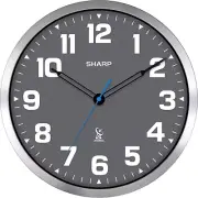 Atomic Analog Wall Clock - 12" Grey Face, Silver Brushed Finish - Sets Automatic