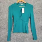 Kookai Top Womens Size 1 Teal Blue Georgia Top Ribbed Cut Out Stretch NEW