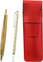 Slim Cowhide Leather Pen Case Red Slide Measure Indicator Stick and Maple Wood Axis Retro Ballpoint Pen Set ASR-708W-HS47S