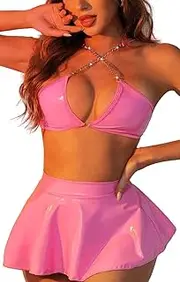 [EVELUST] Rave Outfits for Women - Sexy Metallica Latex Shiny Chain Top Leather Mini Skirt Thong Music Festival Bunny Costume