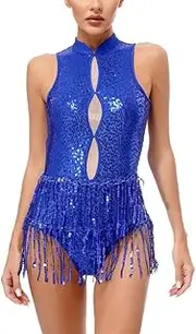 [Generic] Women's Latin Dance Dress Sleeveless Shiny Sequin Fringed Leotard Tango Chacha Rumba Performance Costume