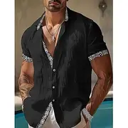 Men's Linen Shirt Summer Shirt Beach Wear Button Up Shirt Geometric Vacation Casual Black White Blue Short Sleeve Turndown Summer Spring Clothing Apparel Patch