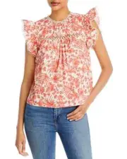 AQUA Lace Inset Flutter Sleeve Top Women's X-small White Button Keyhole Back NWT