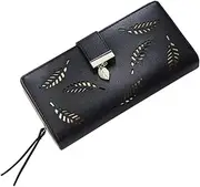 [COLLBATH] Luxury Ladies Long Wallet Snap Lock Hollow Leaves Pattern Bifold Purse for Cash and Cards