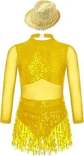 [Jugaoge] Kids Girls Latin Dance Dress Sequins Tassel Skirtes Leotard with Hat Modern Jazz Ballroom Costume