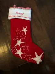 New POTTERY BARN KID Red QUILTED Stars & Gingham CHRISTMAS STOCKING Mono Everett