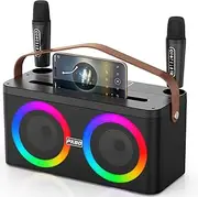 PKBD Karaoke Machine with Phone/Pad holder, Portable Bluetooth Speaker with Two Wireless Microphones/LED Lights/PA System,Support microphone placement for Home Party, Outdoor/Indoor/Birthday Gifts