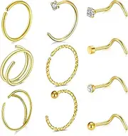 [LAURITAMI] 10pcs Nose Stud Nose Ring Set Stainless Steel Nose Studs Screws Gold Sliver Double Nose Hoop 20G Nose Piercing Jewellery