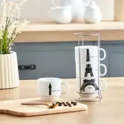 Four 4oz Coffee Cup Set w Metal Rack Eiffel Tower France Paris Olympics Cups