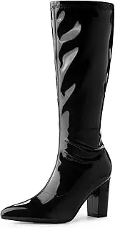 [Perphy] Go Go Boot Patent Leather Chunky Heels Knee High Boots for Women