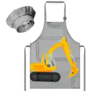 2Pcs Kid Apron And Chef Hat Set, Adjustable Excavator Children Kitchen Apron,