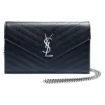 【YSL】MONOGRAM系列V字縫線魚子醬牛皮金屬LOGO銀鍊手提/肩背包(藏藍377828-BOW02-4147)