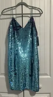NWT $245 Aidan Mattox Teal/Purple Flip Sequin Cocktail Spagh Strap Dress Sz 4