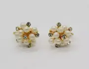 Vintage MONET Clip Earring Faux pearl cluster crystal accent Gold tone .25 in