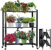 REAWOW Metal Plant Stand No Assembly Required Indoor Outdoor Folding Flower Stands Plant Display Rack with Wheels 3 Tiers Black Plant Stands for Living Room and Balcony Plant Shelf