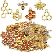 [Skidwedy] 50pcs Honeycomb Bee Charms Enamel Rhinestone, 6 Styles Cute Alloy Honeybee Charms Pendants, Hollow Sweet Honey Charms for DIY Necklace Earrings Bracelet Keychains Jewelry Making Accessories