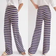 NWT Anthropologie Flat White High Rise Wide Leg Striped Flare Pants Tan/Navy SM