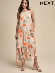 Light Blue And Orange Smudge Print Halter Tie Neck Layered Maxi Dress (AT3319) | $216
