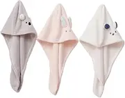Happyyami 3Pcs Cartoon Rabbit Ears Fast Drying Hair Cap Fleece Hair Towel Wraps for Quick Absorbency for Showers and Hair Drying