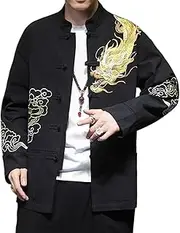 [Aoleaky] Traditional Chinese Clothing for Men Dragon Embroidery Long Sleeve Linen Hanfu Kung Fu Men Shirt Tang Suit