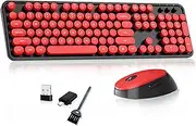 Wireless Keyboard and Mouse, COOFUN Retro Typewriter Keyboard with Round Keycaps, Full-Size Ergonomic, Ideal for Windows PC, Home, Office, and College Black and Red