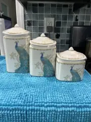 222 Fifth Peacock Garden Canister Set New with lids