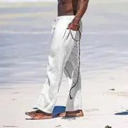 Men's Summer Breathable Linen Pants Lightweight Yoga Beach Cotton Linen Solid Color Pants Loose Casual white XL