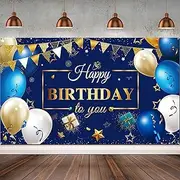 Happy Birthday Decorations Banner - Navy Blue and Gold Sign for Party Supplies, Photo Backdrop Background for Children, Men, Women Celebration, 72.8 x 43.3 Inch