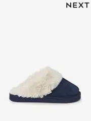 Navy Suede Faux Fur Lined Mule Slippers (659483) | $41